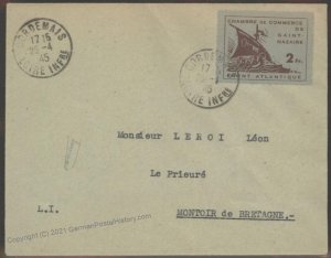Germany 1945 WWII St Nazaire Mi2 Occupied France Sailing Ship Cover 103956