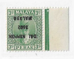 Malaya (Perak) Sc#18a  3c green inverted overprint variety NH VF