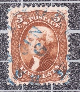 Scott 75 - 5 Cents Jefferson - Used Nice Stamp Blue Cancel SCV - $455.00