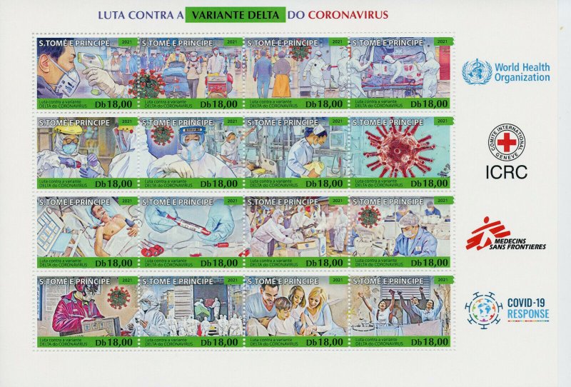 Sao Tome & Principe 2021 MNH Medical Stamps Corona Delta Variant 16v Green M/S 