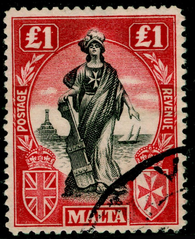 MALTA SG139, £1 Black & Carmine Red SIDEWAYS WMK, FINE USED. Cat £350.