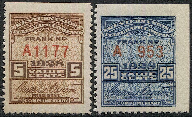 US 1928 Sc 16T73-74 MNH Western Union Telegraph Co., Serial #A1171,A953, VF