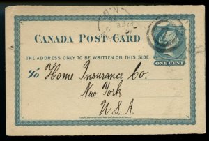 ?ST. JOHN,N.B. TWO RING #7, 1876 postal stat card to USA Canada