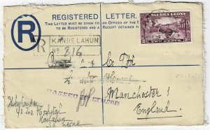 Sierra Leone 1939 Kanre Lahun cancel on registry envelope to England, censored