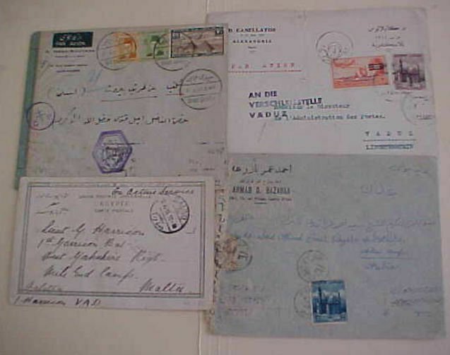 EGYPT  LEBANON BIEFAYA 1942, ADEN CAMP 1954, MALTA 1915 ACTIVE SERVICE 2 CENSOR