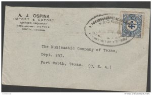 O) 1931 COLOMBIA, 4 CENTAVOS PROVISIONAL, COVER TO TEXAS-UNITED STATES, XF 