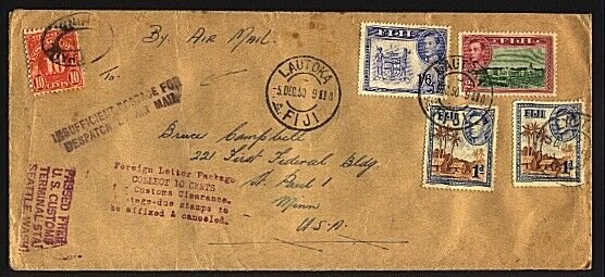 FIJI 1950 cover to USA INSUFFICIENT FOR AIRMAIL, taxed postage due.........95580