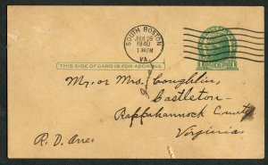 1940 South Boston VA Postal Card to Castleton Rappahannock Co Travel Message 1c