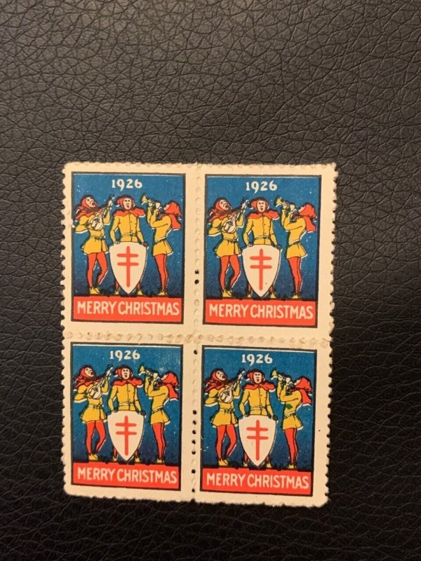 1926 WX38 Heralding Minstrels two block of 4 US Christmas Seals stick together