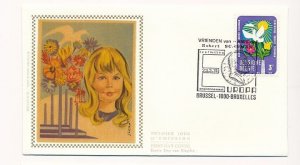 D86842 Sun Birds Flowers & Girl FDC Silk Cachet Belgium Brussel Bruxelles