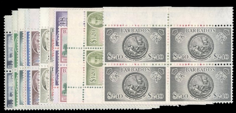 Barbados #216-227 Cat$292.40, 1950 George VI, complete set in blocks of four,...