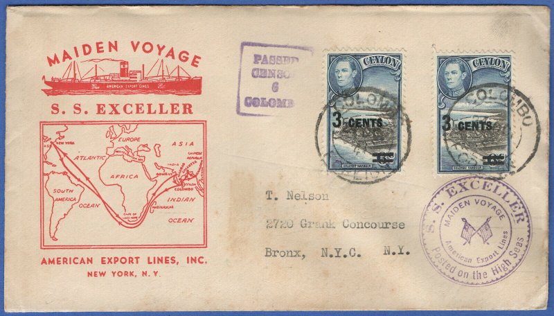 CEYLON 1941 WWII Censored, Maiden Voyage, S.S. EXCELLER, Colombo to USA - Map