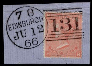 GB QV SG93, 4d dull vermilion plate 7, FINE USED. Cat £130. ON PIECE HB