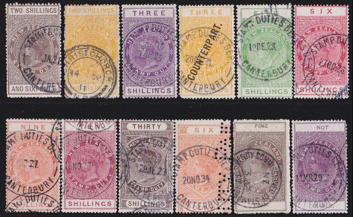 NEW ZEALAND 1880 Stamp Duty 12 values to £6 used inc.Counterpart etc........2246