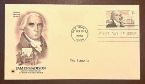 JAMES MADISON OCT 18 2001 NEW YORK NY ARTCRAFT FIRST DAY COVER (FDC)