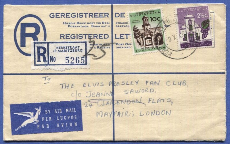 SOUTH AFRICA 1961 Uprated 5c Registered Stationery to ELVIS PRESLEY FAN CLUB, UK