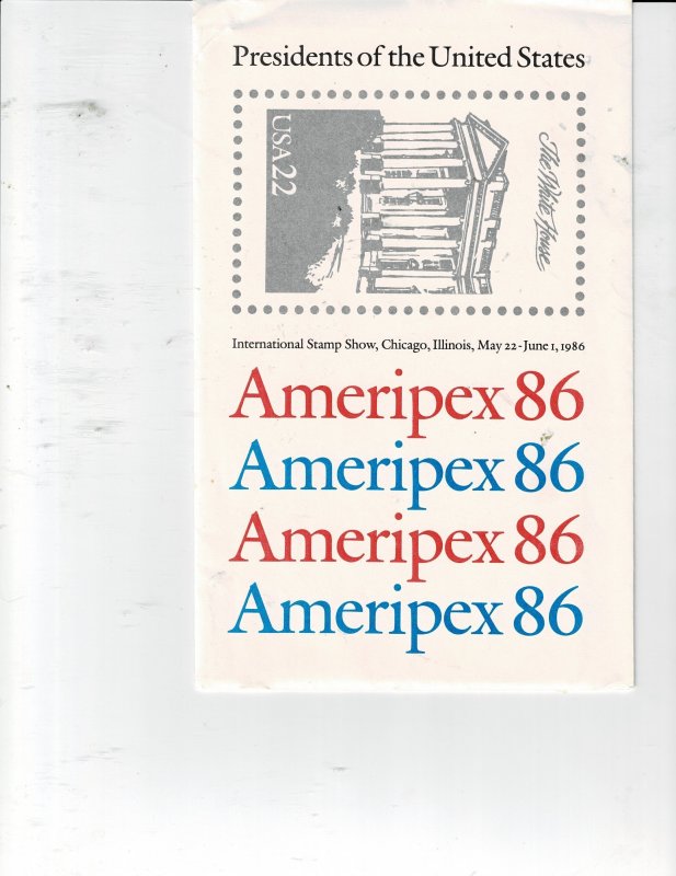 Ameripex 86 Presendential,  4x 22c Postage Souvenir Sheets and Envelope #2216-19