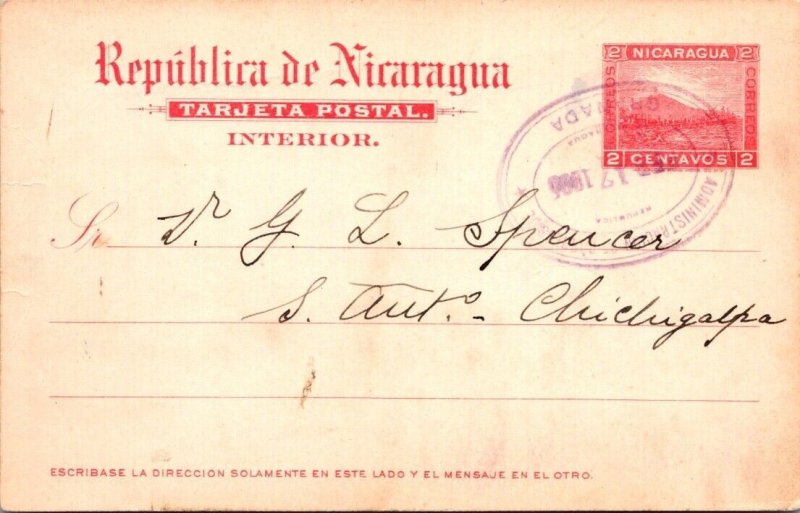 SCHALLSTAMPS NICARAGUA 1905 POSTAL HISTORY STATIONERY POSTCARD ADDR CANC GRANADA