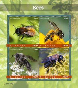 Liberia - 2020 Bees, Honey, Carpenter - 4 Stamp Sheet - LIB200414a