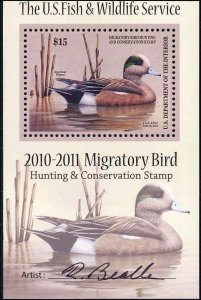 RW77B 2010 MIGRATORY BIRD MINI SHEET.  ARTIST SIGNED DUCK STAMP  F-VF+ - SALE!