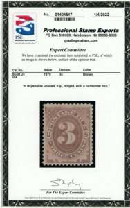 US Stamp #J3 Postage Due 3c - PSE Cert - MLH - Horizontal Thin - CV $100.00