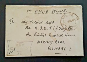 1945 RAF Post 5 Calcutta India To Bombay India Solders Free Mail Censored Cover