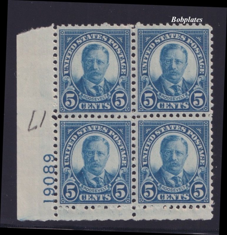 BOBPLATES US #637 T Roosevelt Lower Left Plate Block 19089 F-VF MNH SCV= $17.5 *