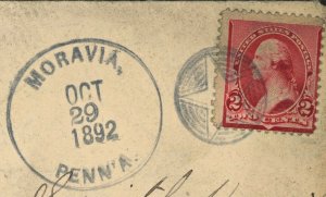 1892 STAR CANCEL Moravia Pennsylvania On Cover to Iowa