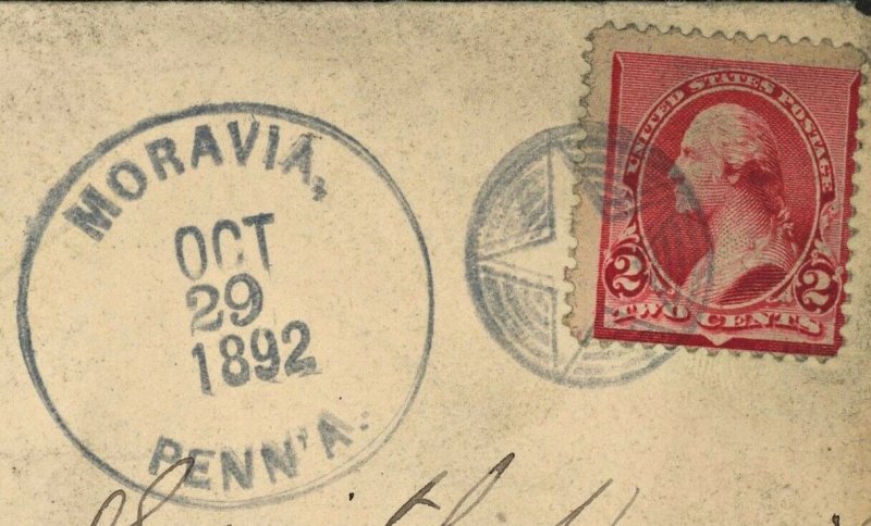 1892 STAR CANCEL Moravia Pennsylvania On Cover to Iowa