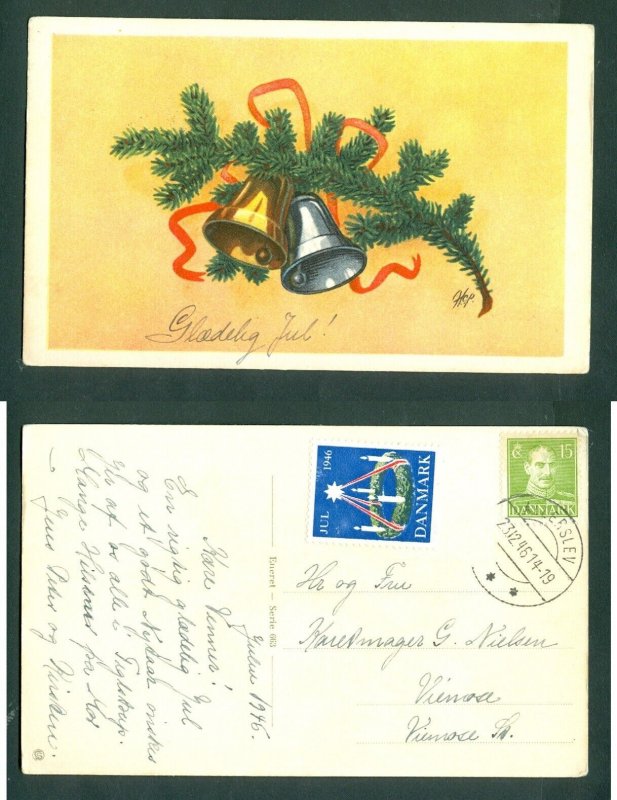 Denmark. Christmas Card 1946. Seal + 15 Ore. Allerslev. 2 Bells. Viemose 