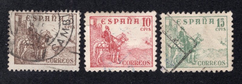 Spain 1949 4c & 1938 10c and 15c El Cid, Scott 664a, 665-666 used, value = 75c