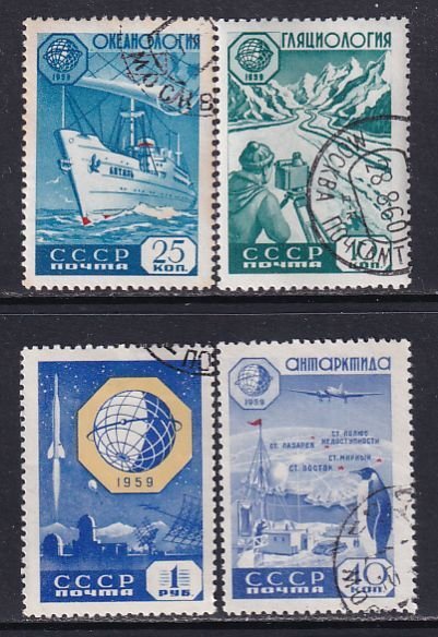 Russia 1959 Sc 2232-5 Oceanographic Ship Vityaz Glacier Rocket Penguin Stamp CTO