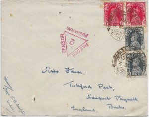 India to Bucks, England 194x Peshawar Censor Hand Stamp, Ty 1H, Sc 8 (C4833)