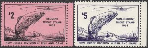 US New Jersey 1963 $2 + $5 Trout Fishing License stamps, Mint NH VF