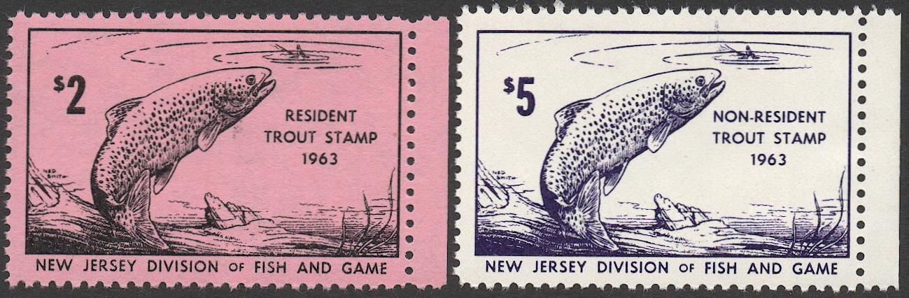 US New Jersey 1963 $2 + $5 Trout Fishing License stamps, Mint NH VF |  United States, Back of Book (Other) Stamp
