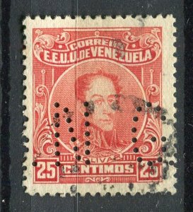 VENEZUELA; Early 1900s classic Official issue used 25c. + PERFIN ' GN '