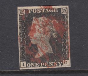 Great Britain Sc 1 used. 1840 Penny Black, corner letters I-C, sound, 4 margins