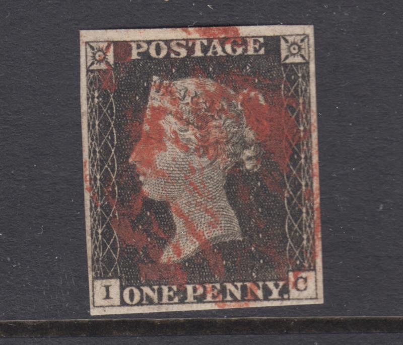 Great Britain Sc 1 used. 1840 Penny Black, corner letters I-C, sound, 4 margins