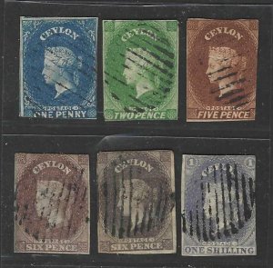 CEYLON 1857 S.C. 2, 3, 5, 6, 6Q, 10 IMPERFS ON WHITE PAPER WATERMARK STAR