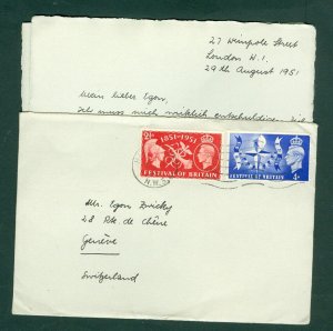 Great Britain. 1951 Cover. Festival Of Britain. With Content,German. Adr.Schweiz