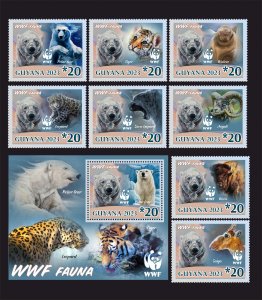 Stamps. Fauna.WWF Polar Bear,Leopard 2023 year block + 8 stamps  perf Guyana NEW