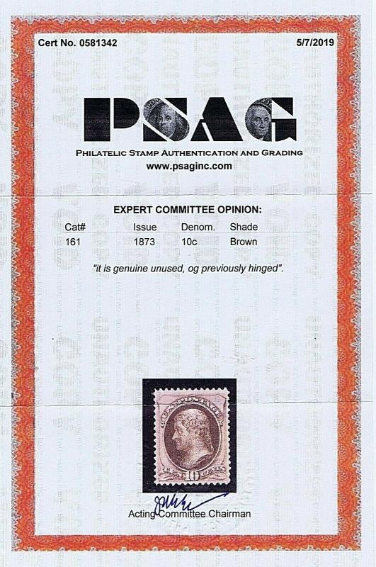 SC# 161 UNUSED ORIG GUM PREV LIGHTLY HINGED 10C JEFFERSON 1873, 2019 PSAG CERT