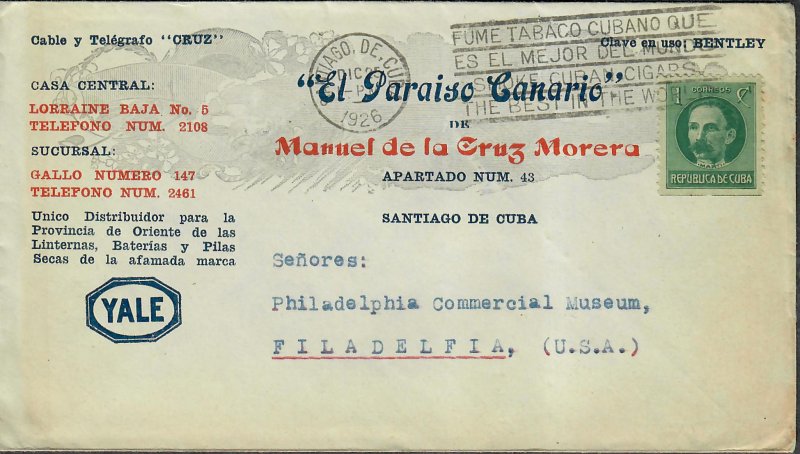 US Possessions Cuba Cover Adv El Paraiso Canario 1926