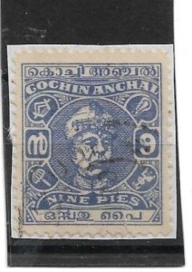 INDIA - COCHIN 1944 9p on piece SG 98 PERF 11 FINE USED Cat £8.50