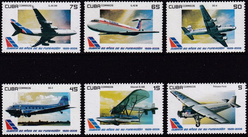 Sc# 5020 / 5025 Cuba 2009 Cubana Airlines.80th Annv complete set MNH CV: $5.25