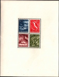 Suriname #263a, Complete Set, Min Sht of 4, 1953-1954, Animals, Birds,  Hinged