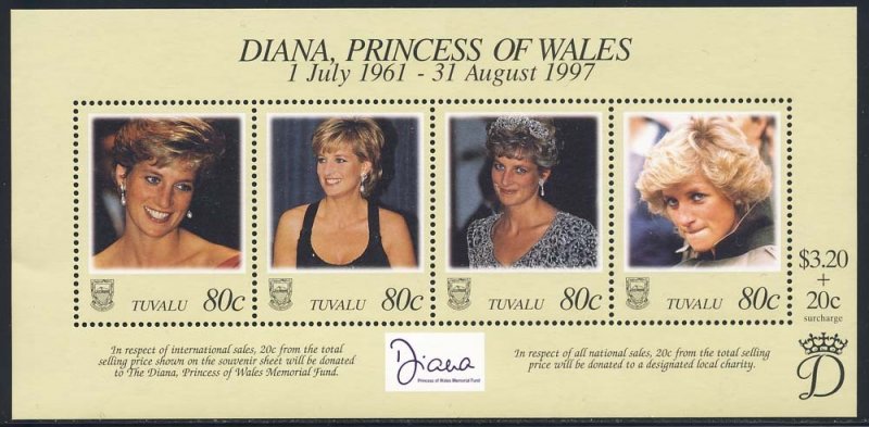 Tuvalu 1998 Sc 762 Diana Princess of Wales Stamp MS MNH