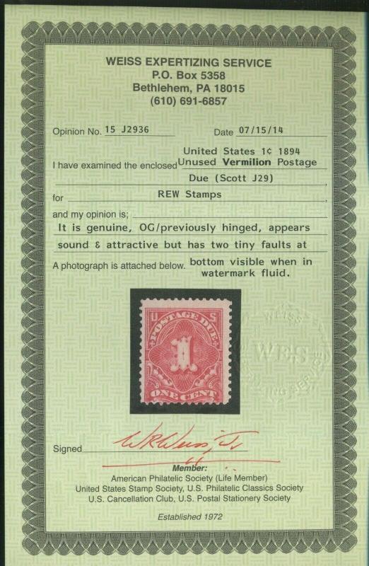 Scott #J29 Postage Due MINT Stamp with Weiss Cert  (Stock #J29-w1)