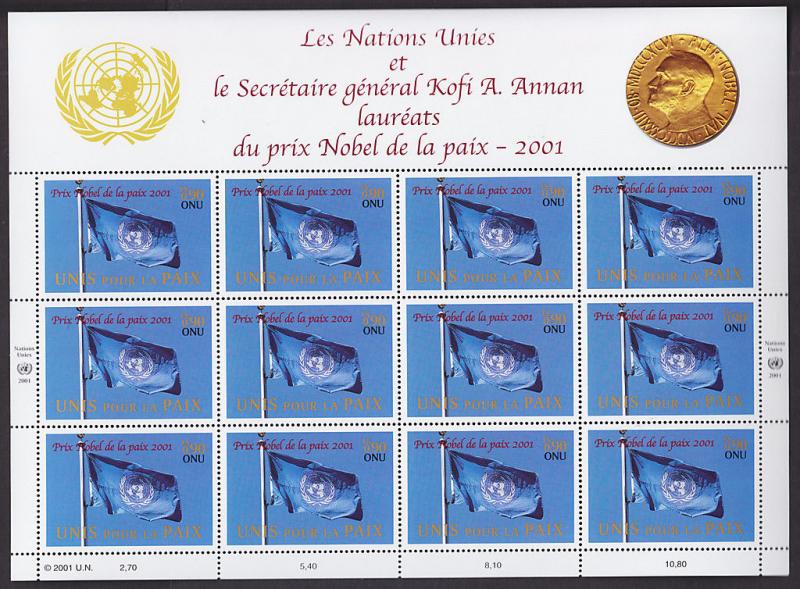 UN, 816,384,301, MNH. 2001 Nobel Peace Prize, full Panes for NY, Geneva & Vienna
