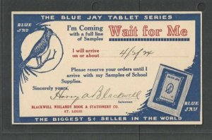 1924 Philadelphia Pa Blue Jay Stationary Co Salesmans Calling Card